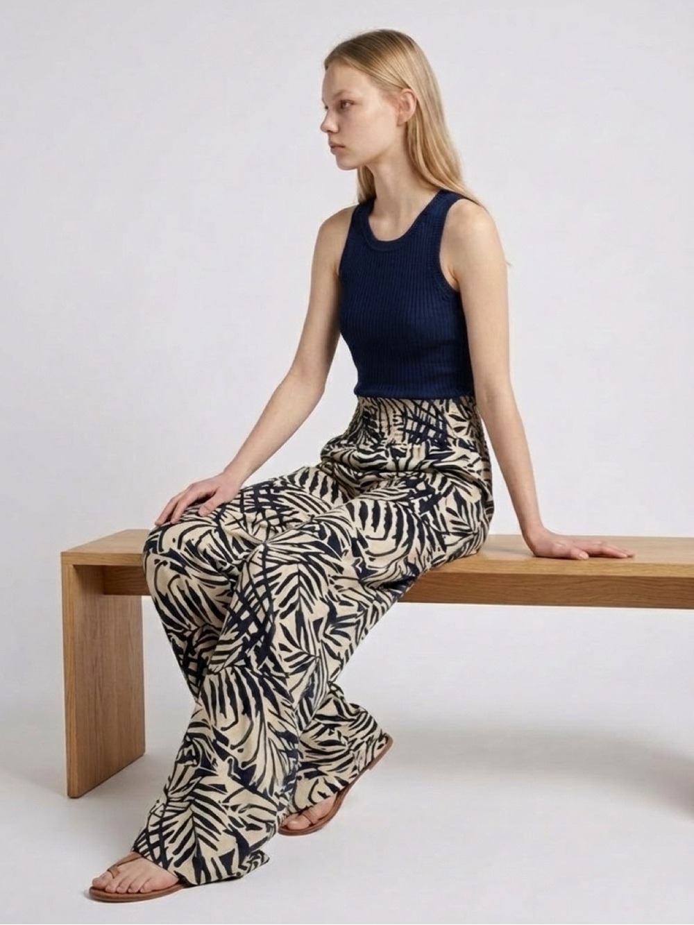 Patrons of Peace Navy Ribbed Tank with Cream Leaf-Print Wide Pants